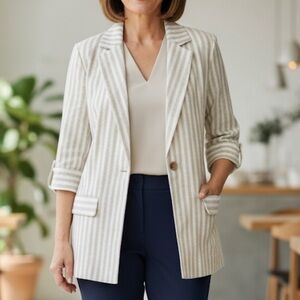 ALLIE ROSE Women Small Striped Linen Cotton Roll Tab‎ Sleeves Boyfriend Blazer